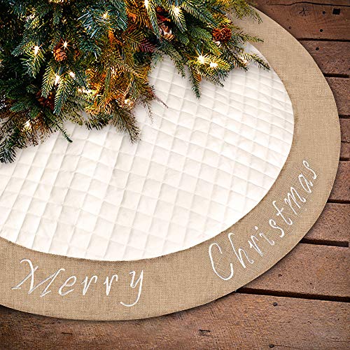 Product Cover Ivenf Christmas Tree Skirt, 48 inches Large White Burlap Quilted with Embroidery Skirt, Rustic Xmas Tree Holiday Decorations