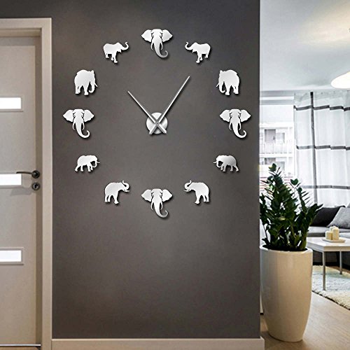 Product Cover The Geeky Days Jungle Animals Elephant DIY Large Wall Clock Home Decor Modern Design Mirror Effect Giant Frameless Elephants DIY Clock Wall Watch (Silver)