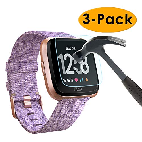 Product Cover EXC Compatible Fitbit Versa Screen Protector [3 Pack] Tempered Glass Screen Protector for Fitbit Versa Lite Edition Smartwatch No Bubbling Waterproof Hardness Full Rounded Edge Coverage Screen Covers