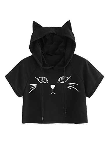 Product Cover SweatyRocks Women's Short Sleeve Hoodie Crop Top Cat Print Tshirt