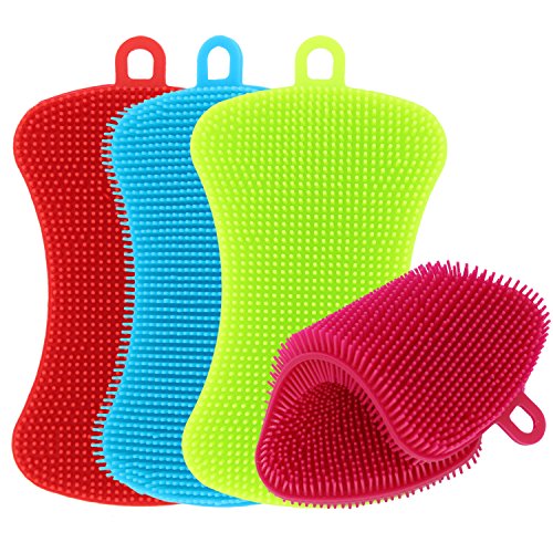 Product Cover Kitchen Silicone Sponge, TIMGOU 4 Pack Cleaning Scrubber Pot Holder Multipurpose Dish-Washing Brush for Dish Vegetables Baby Bottles
