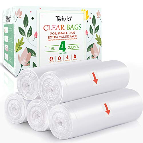 Product Cover 4 Gallon 220 Counts Strong Trash Bags Garbage Bags, Bathroom Trash Can Bin Liners, Small Plastic Bags for Home Office Kitchen, fit 12-15 Liter, 3,3.5,4.5 Gal, Clear Kitchen, Clear