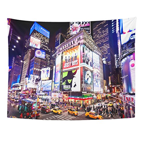 Product Cover Emvency Tapestry City New York January 6 Illuminated Facades of Broadway Theaters on 2011 in Times NYC Night Street Home Decor Wall Hanging for Living Room Bedroom Dorm 60x80 Inches