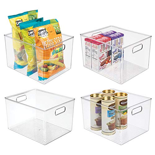 Product Cover mDesign Plastic Storage Organizer Container Bins Holders with Handles - for Kitchen, Pantry, Cabinet, Fridge/Freezer - Large for Organizing Snacks, Produce, Vegetables, Pasta Food - 4 Pack - Clear