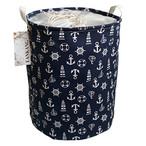Product Cover FANKANG Drawstring Storage Bins Nursery Hamper Canvas Laundry Basket Foldable with Waterproof PE Coating Large Storage Baskets, Office, Bedroom, Clothes, Toys Baby Shower Basket (Navy Anchor)