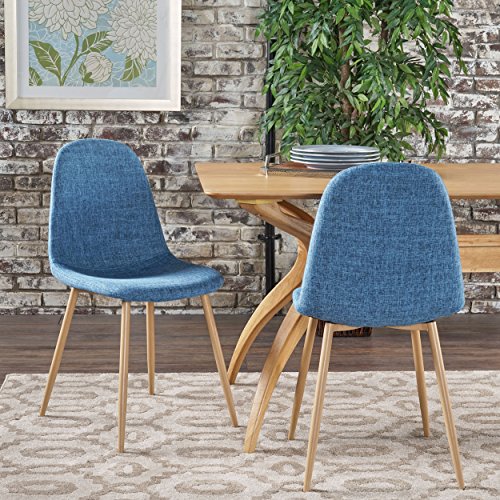 Product Cover Christopher Knight Home Raina Mid Century Modern Dining Chairs With Wood Finished Metal Legs (Set of 2), Muted Blue/Light Brown