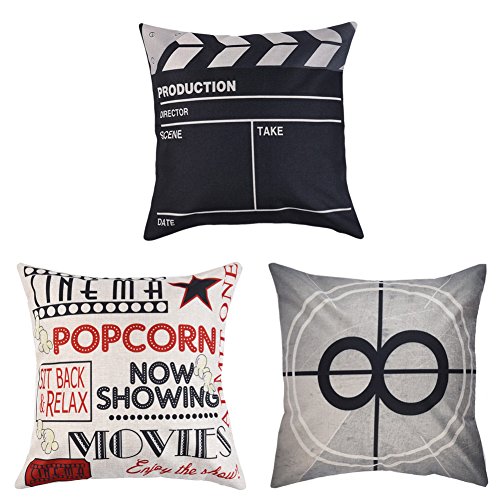 Product Cover Uarter Decorative Movie Throw Pillow Case Set Cotton Linen Throw Pillow Covers Cushion Cover with Invisible Zipper, Movie Theater Pattern, 18'' 18'', Set of 3