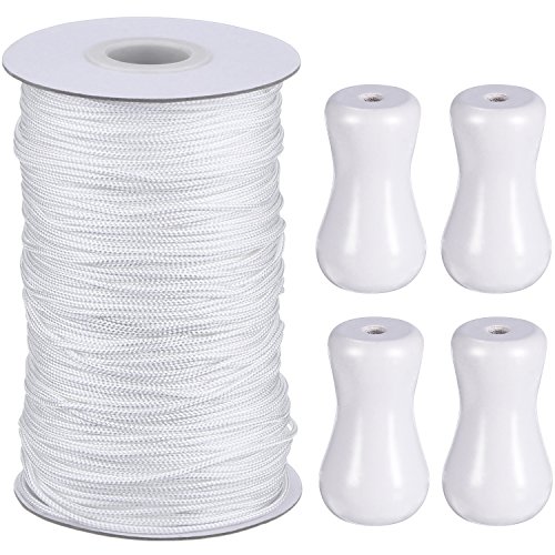 Product Cover 1.8 mm White Braided Lift Shade Cord 55 Yards/Roll with 4 Pieces White Wood Pendant for Aluminum Blind Shade, Gardening Plant and Crafts (White)