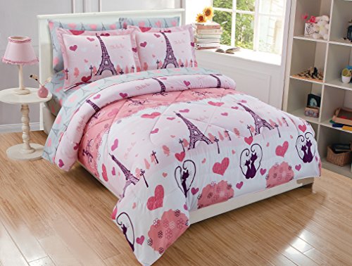 Product Cover MK Home 7pc Queen Comforter Set for Girls Paris Bedding Eiffel Tower Pink Grey New