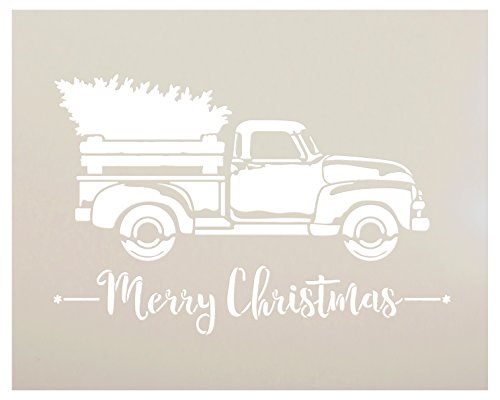 Product Cover Little Red Truck with Merry Christmas Word Stencil by StudioR12 | for Painting Wood Signs | Vintage Script Lettering | Nostalgic Retro Holiday Home Decor | Rustic Old Fashioned Holiday Choose Size