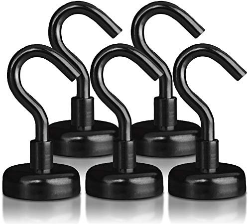 Product Cover Strong Heavy Duty Magnetic Hooks (5 Pack) - 40lb Black Magnet Hook Set for Multi-Purpose Hanging, Refrigerator, Cruise Cabins, Key Holder, Indoor/Outdoor Organization - Bonus 3M Non-Scratch Stickers