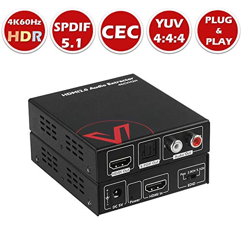 Product Cover HDMI 2.0 Audio Extractor Converter, 4K@60Hz HDR10 HDCP2.2 HDMI to Optical Toslink SPDIF + RCA(L/R) Stereo Analog Output, 5.1CH Repeater Splitter for Speaker Amplifier soundbar, Dobly Vision, CEC
