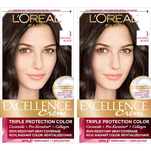 Product Cover L'Oréal Paris Excellence Créme Permanent Hair Color, 3 Natural Black, 2 COUNT 100% Gray Coverage Hair Dye