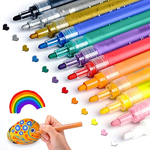 Product Cover Acrylic Paint Pens for Rocks Painting, Ceramic, Glass, Wood, Fabric, Canvas, Mugs, DIY Craft Making Supplies, Scrapbooking Craft, Card Making. Acrylic Paint Marker Pens Set of 12 Colors