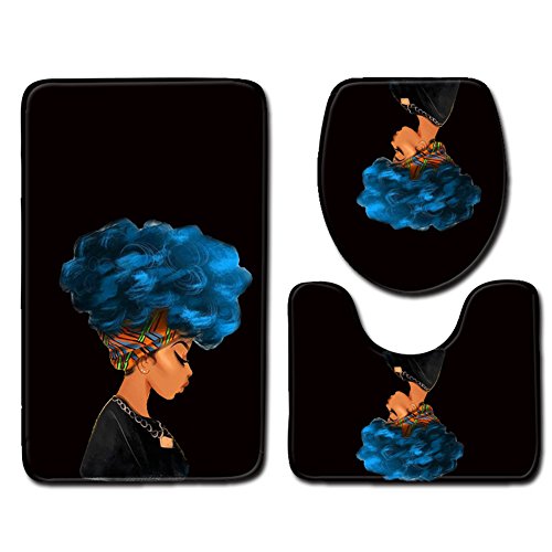 Product Cover Afro Black Woman with Blue Hair Skidproof Toilet Seat Bathroom Floor Mat Pedestal Rug + Lid Toilet Cover + Bath Mat 3 Piece