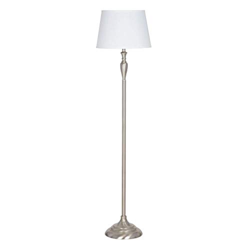 Product Cover Ravenna Home Metal Living Room Slim Standing Floor Lamp With LED Light Bulb - 59.25 Inches, Brushed Nickel with White Shade