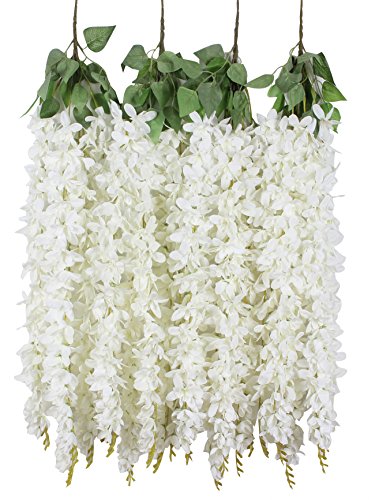 Product Cover Duovlo 4 Pcs 3.12 Feet Artificial Wisteria Hanging Garland Flowers Silk Flower Bush for Wedding Party Home Garden Wall Restaurant Decoration(White)