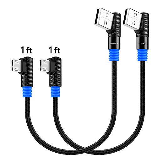 Product Cover SUNGUY Right Angle Micro USB Cable,(2-Pack,1ft x2) 90 Degree Braided Double-Sided Fast Charging & Data Sync Cord for Samsung Galaxy S6 S7 Edge/Note 5,Moto G5 G5S Plus,Sony Xperia Z3 Z5,Nokia 5 (Blue)