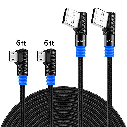Product Cover SUNGUY Micro USB Cable 90 Degree(2-Pack,6ft x2) Right-Angle Reversible Braided Charging & Data Sync Cord for Samsung Galaxy S6 S7 Edge, Amazon Kindle, E-Readers, Xbox One, PS4 (Blue)