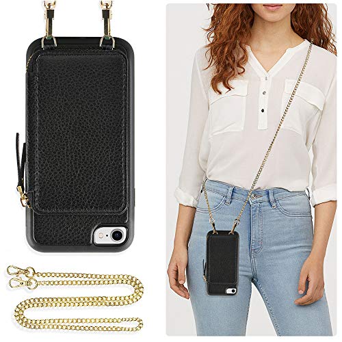Product Cover ZVE Case for iPhone 7 and iPhone 8, 4.7 inch, Wallet Case with Crossbody Chain Credit Card Holder Slot Zipper Purse Wrist Strap Case for iPhone 8/7 4.7 inch - Black
