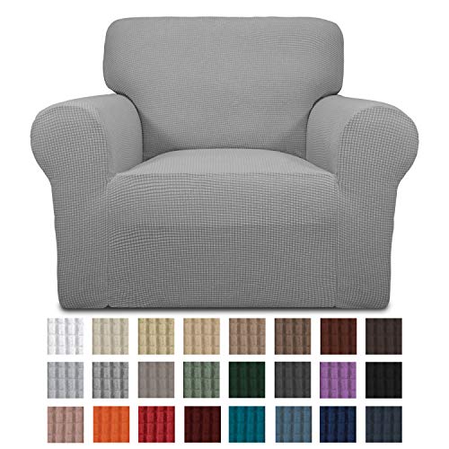 Product Cover Easy-Going Stretch Chair Sofa Slipcover 1-Piece Couch Sofa Cover Furniture Protector Soft with Elastic Bottom for Kids. Spandex Jacquard Fabric Small Checks(Chair,Light Gray)