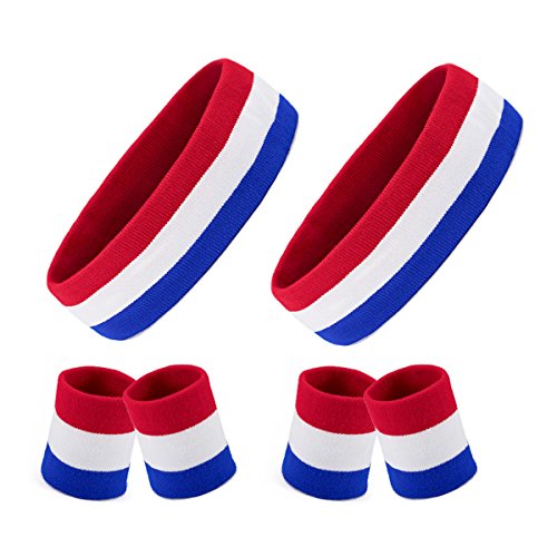Product Cover 6 Pieces Striped Sweatbands Set, Includes 2 Pieces Sports Headband and 4 Pieces Wristbands Sweatbands Colorful Cotton Striped Sweatband Set American Flag Style for Men and Women ... (Red White and Blue)