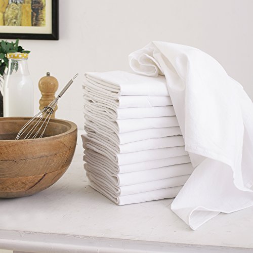 Product Cover Flour Sack Dish Towels, Set of 12 (27 x 27 Inches), Multi-use White Kitchen Towels, 100% Cotton, Highly Absorbent, Tea towels for Embroidery