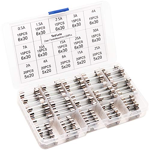 Product Cover 250pcs Quick Blow Glass Tube Fuse Assorted Kit Amp 250V 0.5A, 1.5A, 2.5A, 3A, 4A, 7A, 10A, 15A, 25A, 30A, 6x30mm, 250V 2A, 8A, 10A, 15A, 25A, 5x20mm Ted Lele (5x20mm and 6x30mm)