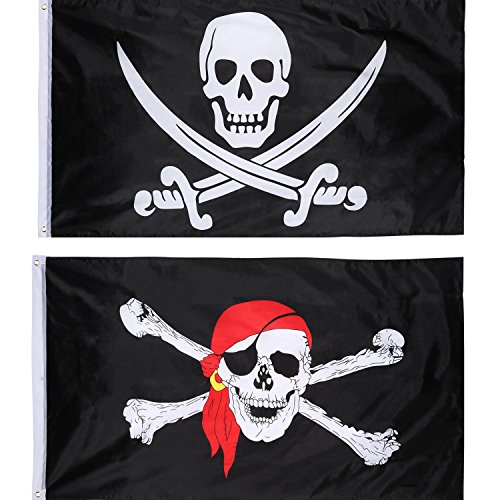 Product Cover Jolly Roger Pirate Flag Skull Flag for Pirate Party, Birthday Gift, Pirate Day, Halloween Decoration, 3 by 5 Feet (2 Pieces, Skull and Red Scarf)