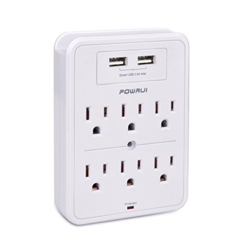 Product Cover Surge Protector, POWRUI USB Wall Charger with 2 USB charging ports(smart 2.4A Total), 6-Outlet Extender and Top Phone Holder for Your Cell Phone, White, ETL Certified