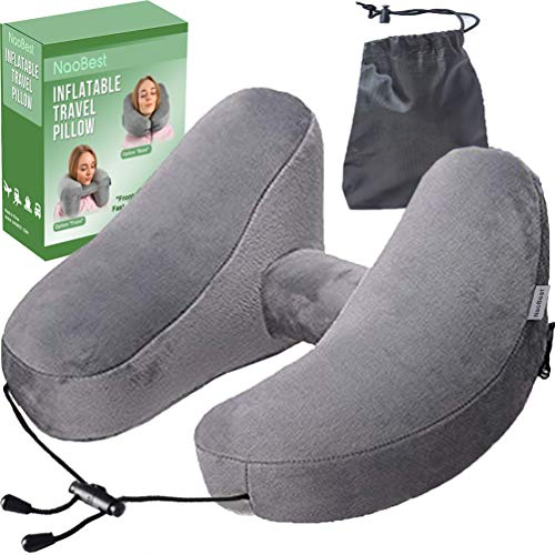 Product Cover NaoBest Luxury Inflatable Travel Pillow Airplanes - Air Pillow w/Adjustable Neck Size - Supports Chin, Head - Soft Washable Cover - Cell Phone Pocket - Grey - Launch Offer
