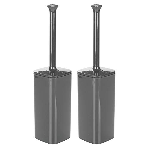 Product Cover mDesign Modern Square Plastic Toilet Bowl Brush and Holder for Bathroom Storage and Organization, Compact Free-Standing Design, Covered Brush - Sturdy, Deep Cleaning, 2 Pack - Charcoal Gray