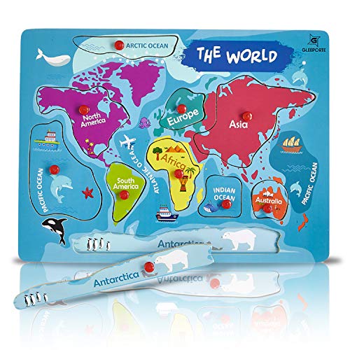 Product Cover Gleeporte Wooden Peg Puzzle, World Map Theme - Learning Educational Pegged Puzzle for Toddler & Kids - 7 Continents & 4 Oceans (11 pcs)