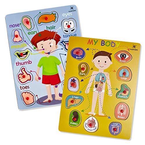 Product Cover Gleeporte Wooden Peg Puzzle, My Body - Inside & Outside Parts - Pack of 2 Learning Educational Pegged Puzzle Boards for Toddler & Kids - (Set of 2)