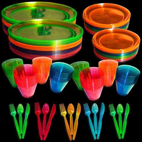 Product Cover Upper Midland Products Neon Glow Party Supplies Set, Servers 32, Includes 9 and 6 Inch Plates, 9 OZ Cups, Forks,Spoons, Knives, 32 of Each, Perfect for Blacklight UV Parties