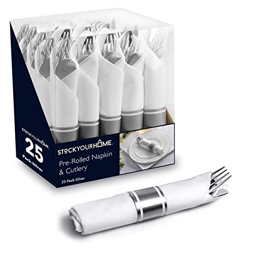 Product Cover Pre Rolled Napkin and Cutlery Set 25 Pack Disposable Silverware for Catering Events, Parties, and Weddings (Silver)