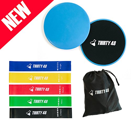 Product Cover Thirty48 Gliding Discs Core Sliders and 5 Exercise Resistance Bands | Strength, Stability, and Crossfit Training for Home, Gym, Travel | User Guide & Carry Bag