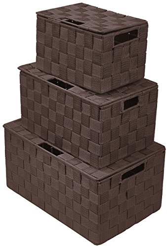 Product Cover Sorbus Storage Box Woven Basket Bin Container Tote Cube Organizer Set Stackable Storage Basket Woven Strap Shelf Organizer Built-in Carry Handles (Lid Bins - 3 Pack, Chocolate)