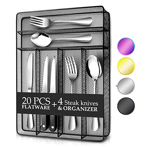 Product Cover Teivio 24 Piece Silverware Set, Flatware Utensils Set Mirror Polished, Dishwasher Safe Service for 4, Include Knife/Fork/Spoon/Steak Knife/Wire Mesh Steel Cutlery Holder Storage Trays (Silver)