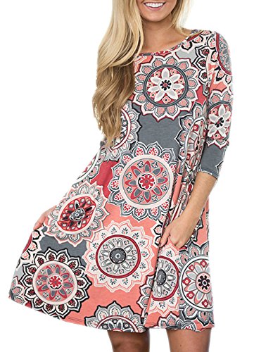 Product Cover Women's 3/4 Sleeve Damask Floral Printed Tunic Dress Bohemian Swing Casual Midi Dress with Pocket Tunic Blouses for Leggings