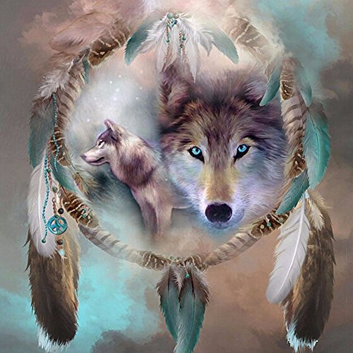 Product Cover MXJSUA 5D Diamond Painting by Number Kit DIY Full Round Drill Dreamcatcher Wolf Cross Stitch Embroidery Rhinestone Picture Craft Arts for Home Wall Decor 14x14in