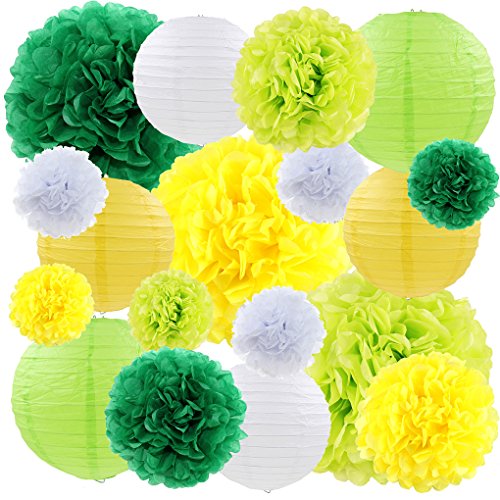 Product Cover Green Yellow Tissue Paper Lanterns Flowers Pom Poms Hanging Party Decorations, 18 pcs