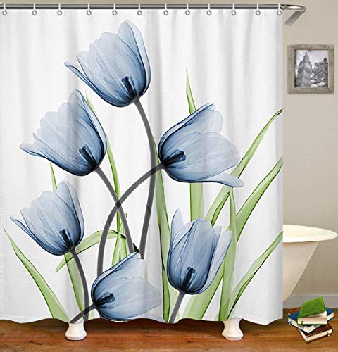 Product Cover LIVILAN Tulip Shower Curtain, Floral Fabric Bathroom Curtain Set with Hooks Decorative Privacy Bath Curtains 72x72 Inches Machine Washable Light Blue Flowers