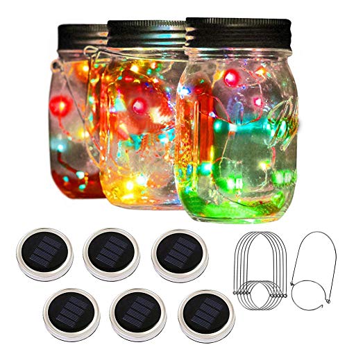 Product Cover PAPRMA 6 Pack Solar Mason Jar Lights, 20 LED Jar Lid Fairy String Lights with 6 Hangers, Decorations for Party Garden Patio Path Christmas, Colorful(Jar NOT Included)