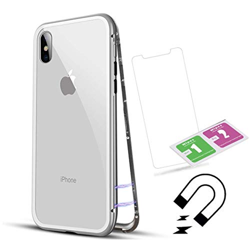 Product Cover iPhone X Case, DOROIM Ultra Slim Magnetic Adsorption Aluminum Alloy Tempered Glass with Built-in Magnet Flip Cover for Apple iPhoneX/10 (Clear white)
