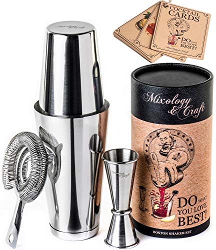 Product Cover Cocktail Shaker Boston Shaker Set: Professional Weighted Martini Shakers with Cocktail Strainer and Japanese Jigger | Portable Bar Shaker Set for Drink Mixer Bartending | Exclusive Recipes Bonus
