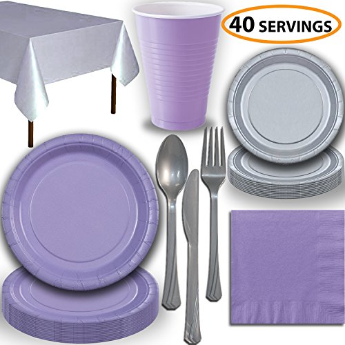 Product Cover Disposable Party Supplies, Serves 40 - Lavender and Silver - Large and Small Paper Plates, 12 oz Plastic Cups, Heavyweight Cutlery, Napkins, and Tablecloths. Full Two-Tone Tableware Set