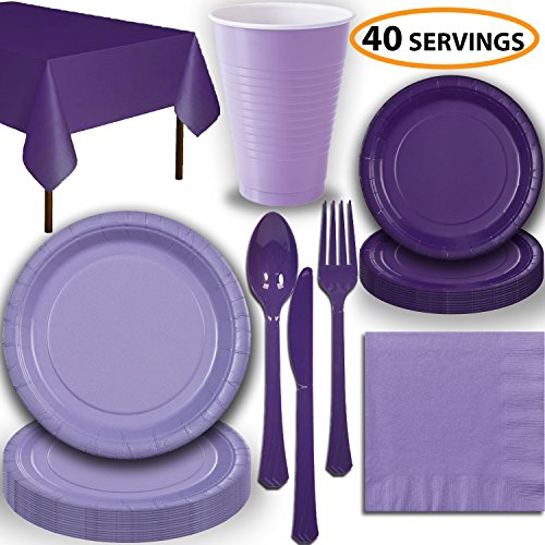 Product Cover Disposable Party Supplies, Serves 40 - Lavender and Purple - Large and Small Paper Plates, 12 oz Plastic Cups, Heavyweight Cutlery, Napkins, and Tablecloths. Full Two-Tone Tableware Set