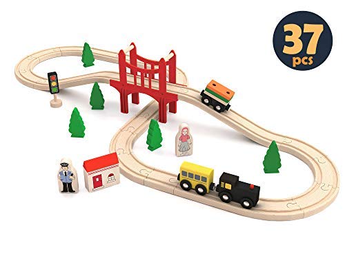 Product Cover tiny land Wooden Train Set for Toddler, Toy Tracks, Engine, Passenger car (37-Piece Play kit) Kids Friendly Building & Construction | Expandable, Changeable | Fun for Girls & Boys