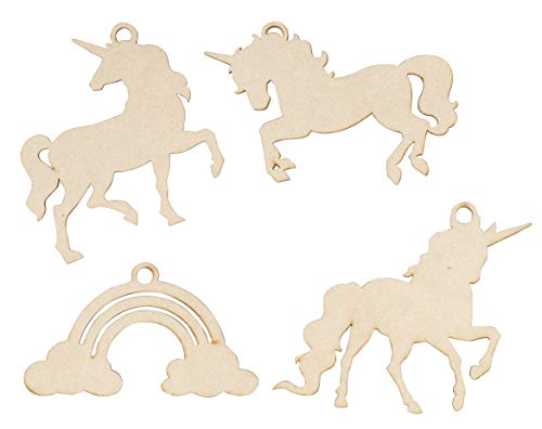 Product Cover Unfinished Wooden Christmas Ornaments - 24-Pack Paintable Blank Xmas Tree Hanging Wood Slices for Kids DIY Art Craft, Festive Decoration, 4 Assorted Unicorn Designs, 4.5 x 2.6 to 5 x 4 Inches